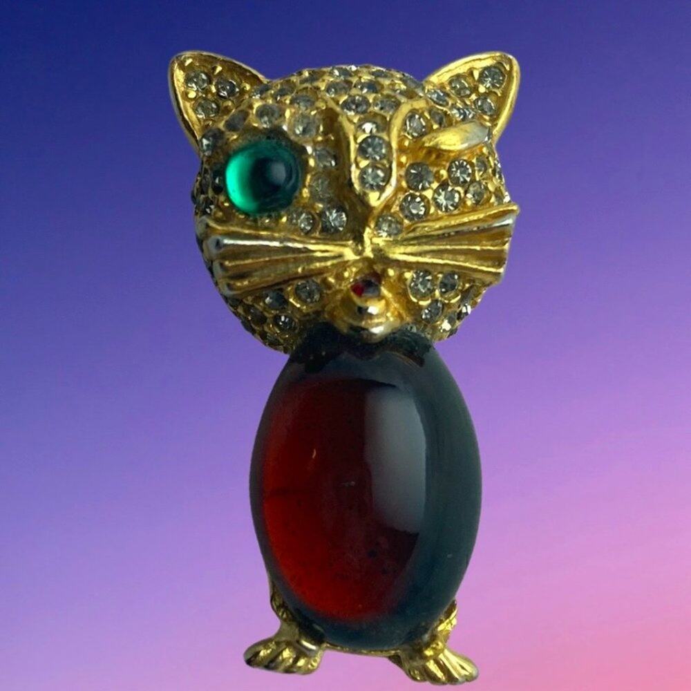 **SALE** Vintage Winking Rhinestone Face and Red Jelly Belly Cat Brooch